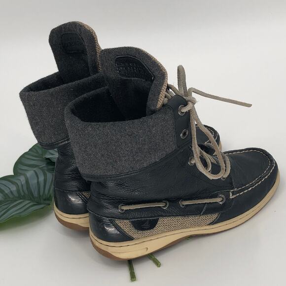 Sperry Black Gray Cream Leather Lace-Up Fold Over Wool Lined Acklin Boots Shoes - Picture 5 of 10